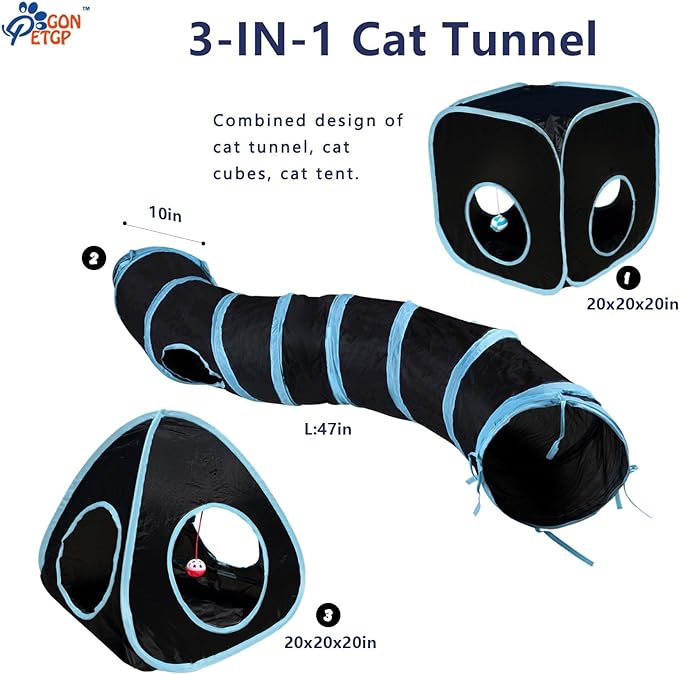 Cat Tunnels for Indoor Cats with Cube Tent Toys Combo, Pop Up Collapsible Crinkle Interactive Peek Hole, Cat Tube with Play Ball and Bell for Kitten, Puppy, Kitty, Rabbit - Set of 3
