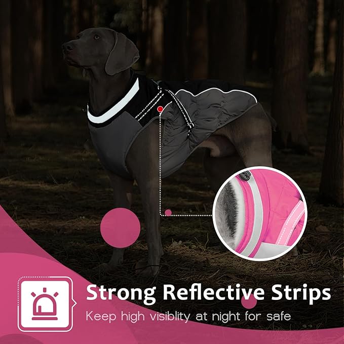 Dog Winter Coat with Harness, Dog Jacket, Pet Clothes with Zipper on Back, Waterproof Windproof Warm Vest, Reflective Cold Weather Coats, for Small Medium Large Dogs, Thick, Pink, L
