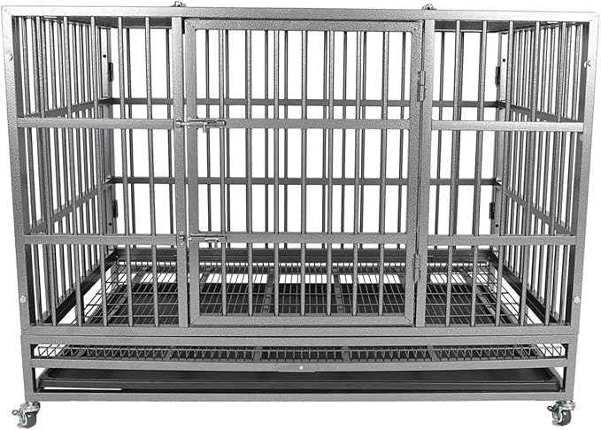 Indestructible Dog Crate Cage Kennel, 47 inches, High Anxiety Dog Crate with Removable Trays, Wheels and Double Door, for Medium and Large Dogs