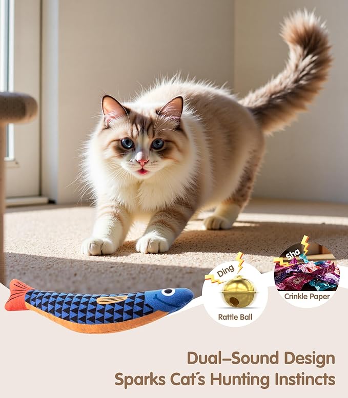 PetBusyInteractive Cat Toys with[5000mg Premium A+Catnip][Baby Grade] Soft Chew Kicker Cat Toys for Indoor Cats & Kittens, Crinkle &Rattle Fish Sound Toy, Drives Bored Cats Crazy with Fun,3 Pack