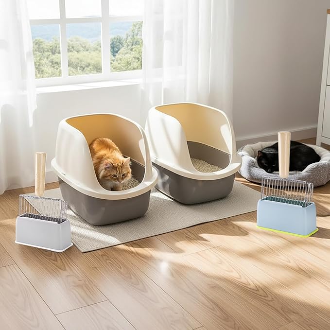 Hiceeden Set of 2 Cat Litter Scoop with Holder, Metal Kitty Litter Scoop Holder with Wooden Handle, Cat Poop Scooper for Kitten Litter Box, Fast Sifting, Gray and Blue