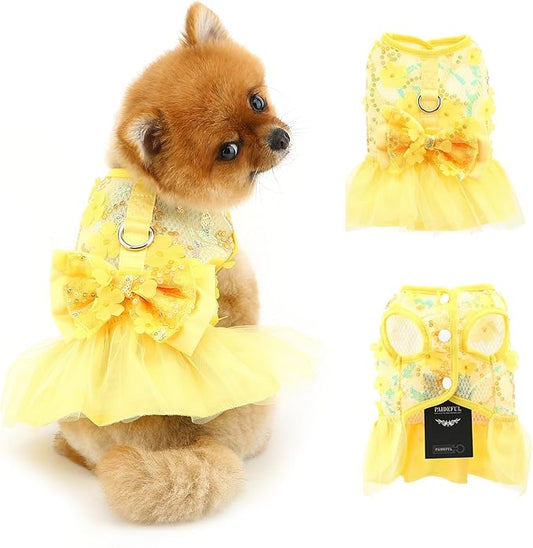 Dog Dress,Luxury Bow Princess Tutu Dresses for Girl Dogs Cute Fashion Mesh Pet Skirt with Sequins Flower Cat Puppy Clothes Wedding Party Outfits Chihuahua Apparel Button up D-Ring,Yellow,XL