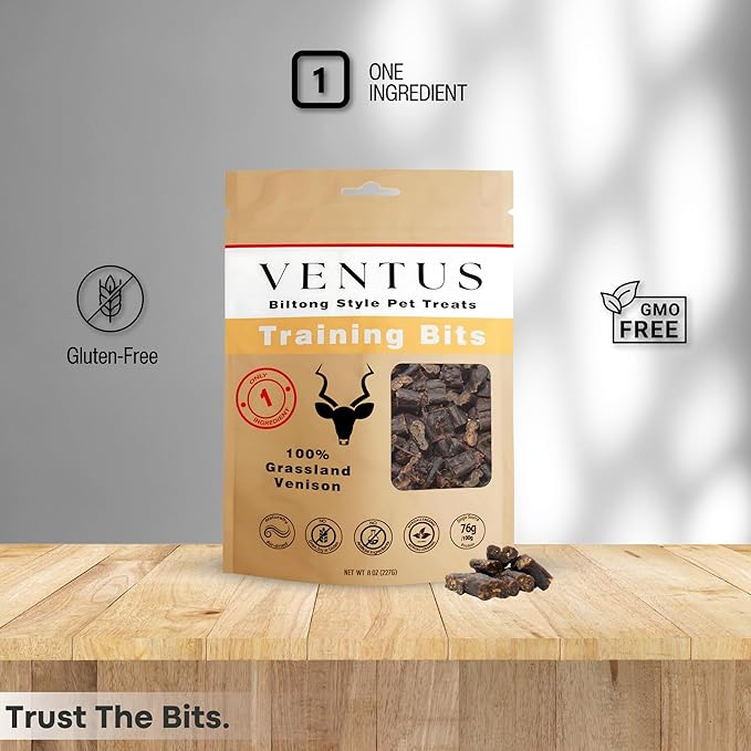 VENTUS Jerky Training Bits - Single Ingredient High Protein Venison Dog Training Treats, Grain-Free, Air-Dried Training Treats for Dogs 8 oz