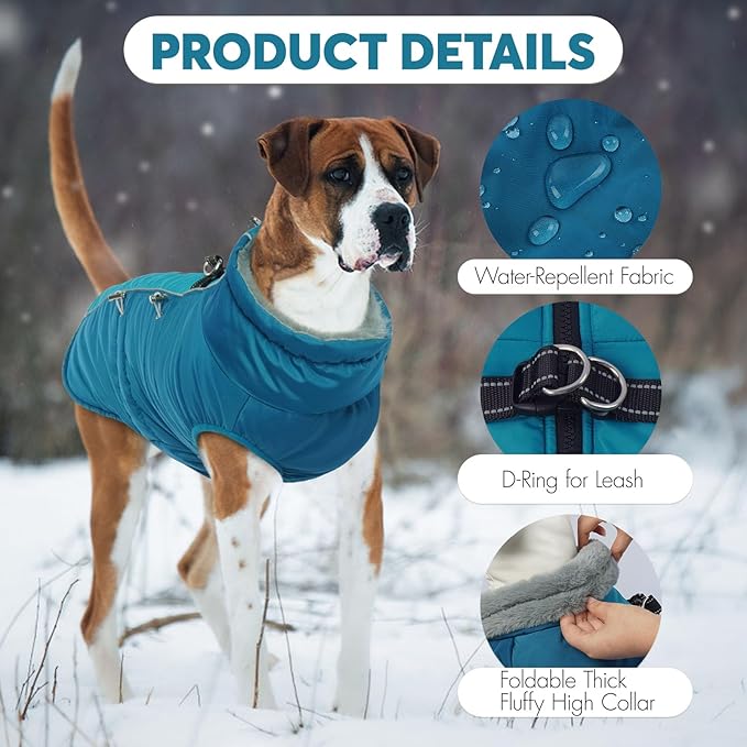 IDOMIK Warm Dog Coat with Harness, Waterproof Reflective Dog Jackets for Small Medium Large Dogs, Fleece High Collar Winter Jacket with Zipper, Pet Winter Snowsuit Clothes for Cold Weather,Blue L