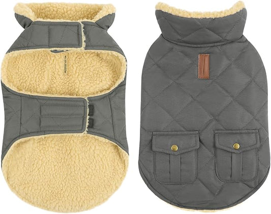 Queenmore Dog Winter Coat - Fleece Jacket, Waterproof Cold Weather Dog Clothes, Thick Warm Cotton Padding, Easy On Storage Pockets (Grey, Small)