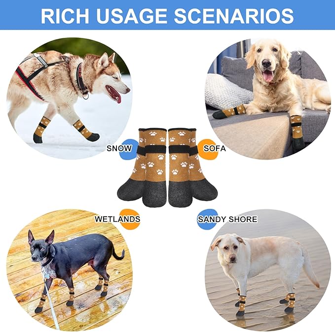 BEAUTYZOO Dog Boots for Large Dogs, Dog Boots & Paw Protectors for Winter Snowy Day Summer Hot Pavement, Waterproof Dog Booties for Hardwood Floors, 6 PCS Grip Socks Shoes for Dogs, Khaki 2XL