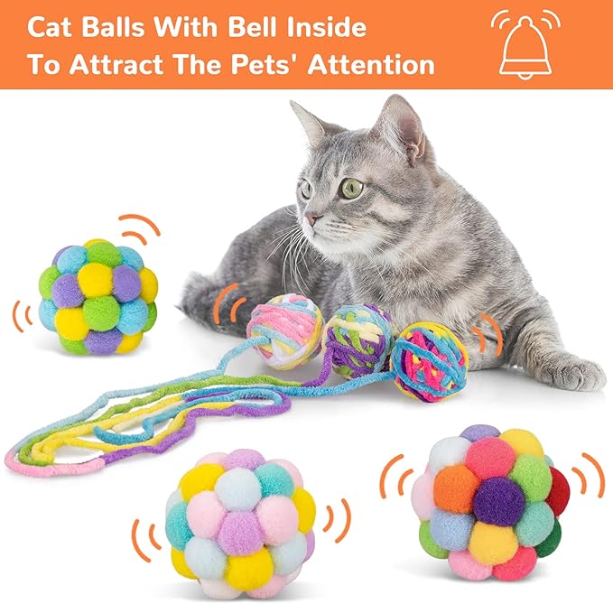 Retro Shaw Cat Toys Balls, 6Pack Yarn Cat Ball with Bell Inside, Interactive Kitten Toys for Indoor Cats Kitty Chew Kick, Colorful Soft Fuzzy Pet Toy Ball with String