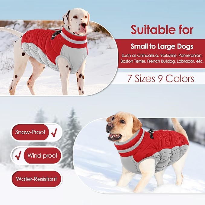 AOFITEE Dog Coat, Warm Dog Winter Coat, Reflective Cold Weather Dogs Puffer Jacket with Harness Built in, Waterproof Pet Fleece Vest Snowsuit for Small Medium Large Dogs, Christmas Red L