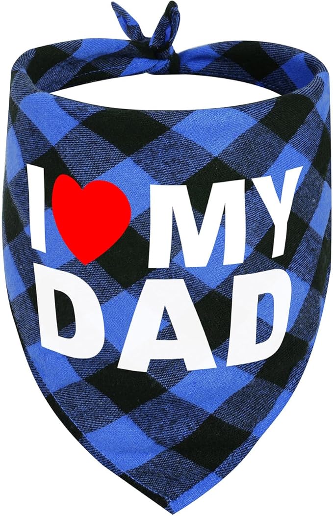GreenJoy Cute Plaid Dog Bandana – Washable Pet Triangle Scarf for Small, Medium, Large Dogs and Cats, Adjustable Pet Accessory for Birthday, Wedding and Christmas (Blue (I Love My Dad), Large)