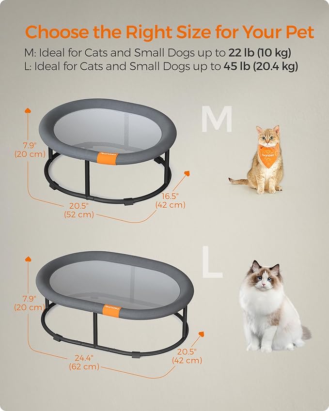 Feandrea Pet Bed, Cat Hammock, Elevated Cat Bed for Multiple Cats, with Removable Washable Mesh, for Pets up to 20 lb, Oval, Gray UPCB001G01
