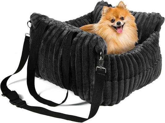 Dog Car Booster Seat, for Small Dogs Under 30 lbs, Detachable Washable Travel Bed with Storage Pockets and Safety Belt (Black, Medium)