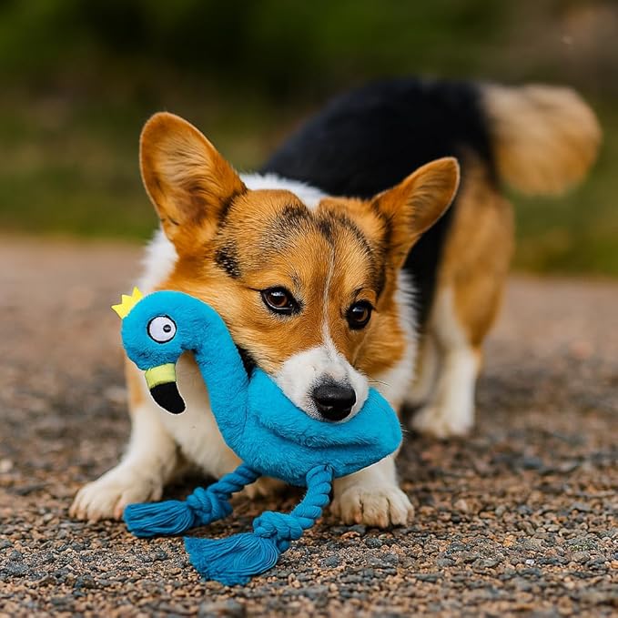 Plush Flamingo Dog Toy, Blue, Squeaky Stuffed Animal with Rope Legs, Interactive Chew Toy for Small, Medium Dogs
