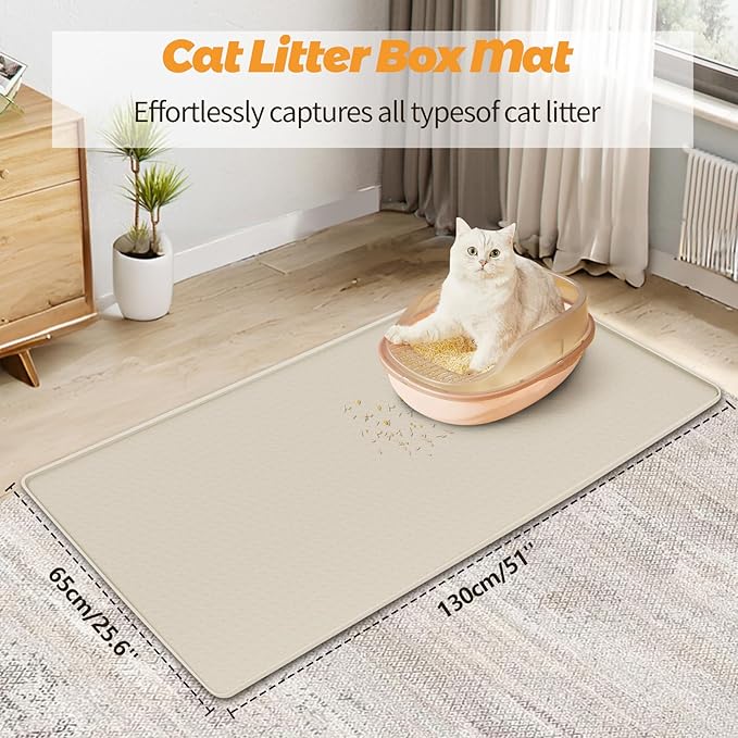 Cat Litter Mat, Extra Large 51" x 25.6" Silicone Mat Litter Trapping Mat for Scatter Control, Soft on Kitty Paws, Easy to Clean (Beige)
