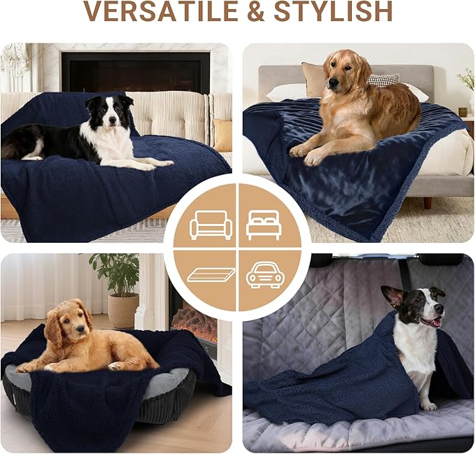 Waterproof Dog Blanket for Large Dogs - Reversible Washable Pet Blanket, Soft Sherpa Fleece Furniture Protector, Cat Throw Bed Couch, Navy,50"x60"