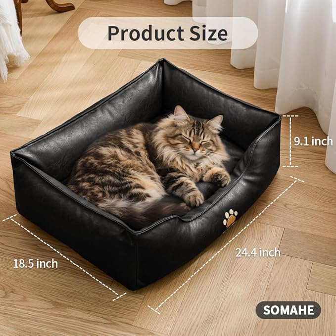 Premium Leather Cat Bed for Indoor Cats Premium Small Dog Bed Pet Nest with Anti-Slip Base Ultra Soft Texture for Comfortable Rest 24 × 18 × 9 inch Black