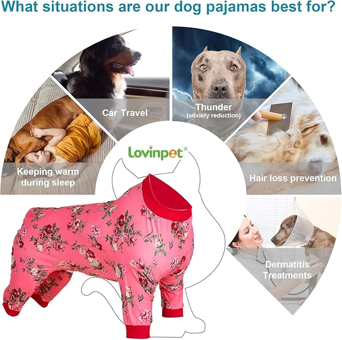 LovinPet Full Body Suit for Large Dog, Dog Bodysuit for Large Dogs,Lightweight Stretchy Fabric,Hot Pink Roses and Orchids Print,Pet Uv Protection,Onesies for Dogs, Pajamas for Pitbulls,3XL
