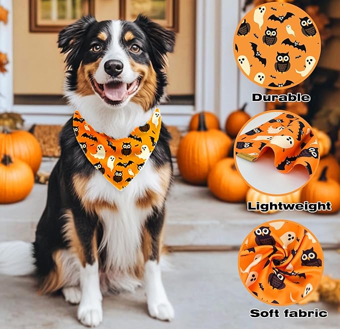 Halloween Dog Bandanas 2 Pack 4 Pattern Ghost Spider PumpkinCandle Bibs Reversible Washable Durable Fall Scarf Suitable for Small and Medium Breed Dog Boy and Girl