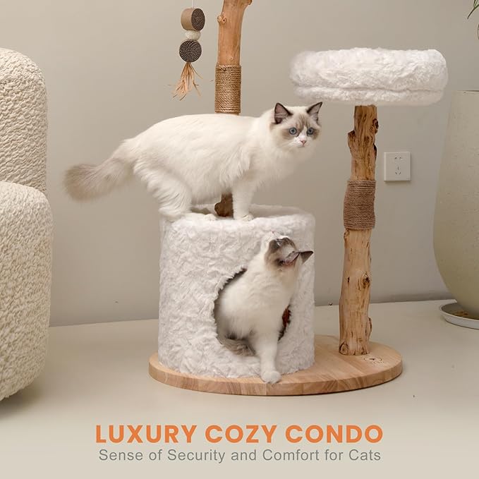 Cat Tree Tower with Two Real Branches, 44 INCH Wood Modern Cat Tower with Luxury Cat Condo, Cat Scratching Post, Jumping Platforms, Cat Furniture (Short Plush)