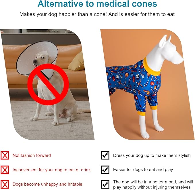 LovinPet Large Dog Onesies for Surgery Recovery, Great Dane Pajamas for Dogs,Lightweight Stretchy Fabric,Blue Sports Print,Dog Pajamas for Surgery Recovery, Easy to Wear, Onesies for Dogs, Large