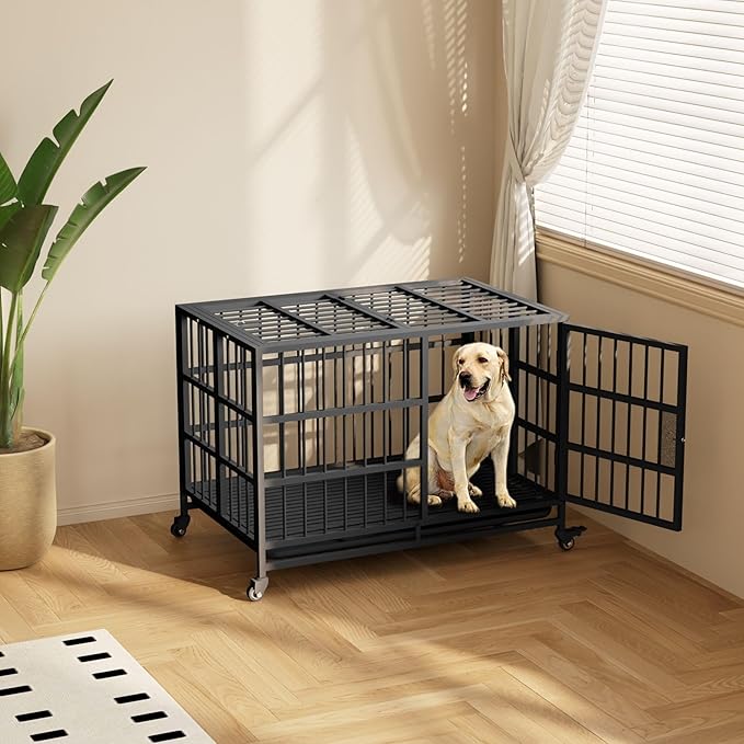 42in Heavy Duty Dog Crate, Rust-Resistant Folding Metal XXL Dog Cage Suitable for Medium to Large Dogs, New Upgrade Single-Handed Latch with Removable Tray and Wheels