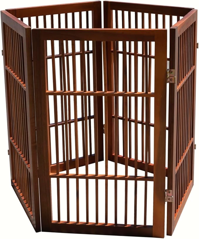 Pet Dog Gate Strong and Durable Freestanding Folding Acacia Hardwood Portable Wooden Fence Indoors or Outdoors by Urnporium (Brown Pet Gate, 5 Panel 30" Tall)