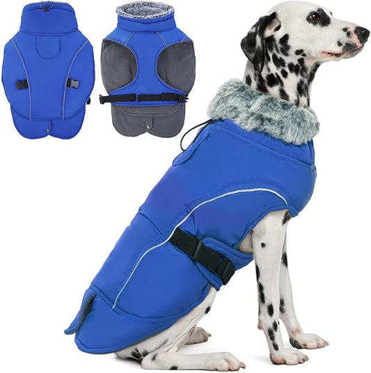 DENTRUN Large Dog Winter Coat - Windproof Reflective Warm Coat, Adjustable Neck & Snap Closure, Water Repellent Thick Fleece Vest, Fleece Lined for for Golden Retriever, Blue, XL