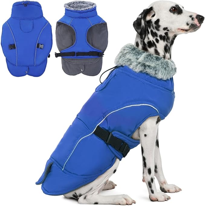 DENTRUN Extra Large Warm Dog Jacket - Windproof Water Repellent Reflective Coat, Adjustable Plush Turtleneck, Easy Wear Fleece Lined Cold Weather Vest for Great Dane, Blue, XXXL