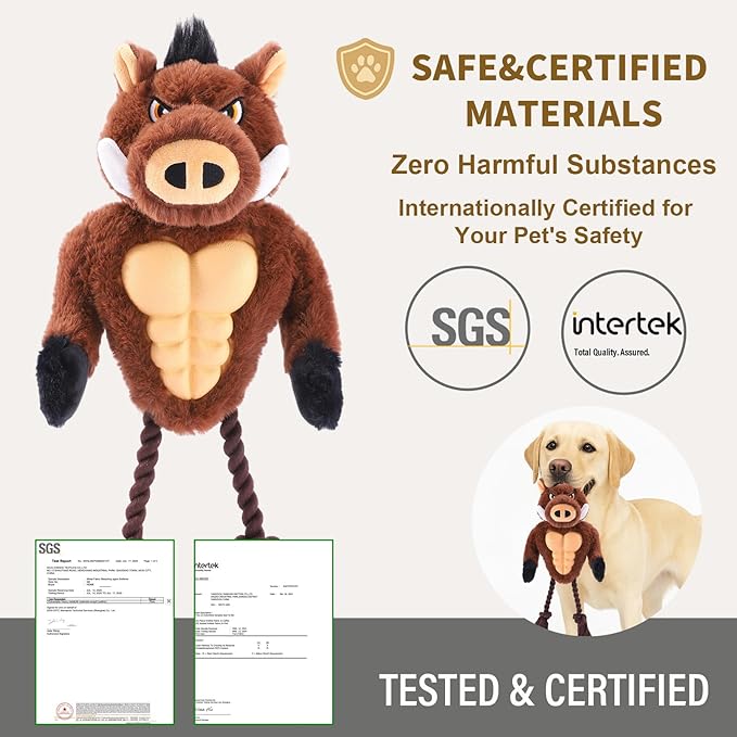 Extremely Durable Boar Chew Toy for Aggressive Chewers - Squeaky Rubber Chest & Rope Tug Legs for Large Breed Dogs