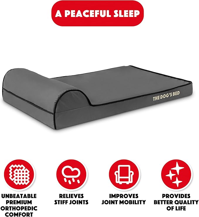 The Dog’s Bed Orthopedic Headrest Dog Bed Med Grey/Black, Memory Foam, Pain Relief: Arthritis, Hip & Elbow Dysplasia, Post Surgery, Lameness, Waterproof Washable Cover