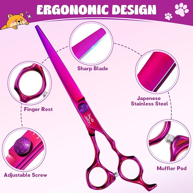 JASON Dog Grooming Scissors Set - Professional 6 in 1 Dog Shears Set - 7" Chunker, 7" Straight, 7" Up-Curved, 7" Down-curved Scissors and Comb for Cat Pet with Adjustable Screw