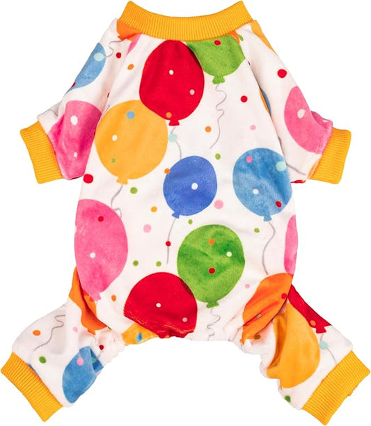 Fitwarm Balloon Dog Fleece Pajamas, Birthday Outfit for Small Dogs Boy Girl, Cozy Pet Onesie with Feet, White, Yellow, Red, Blue, Green, Medium