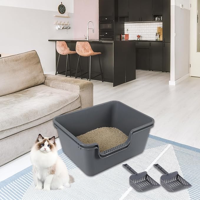2 Pack High Side Plastic Litter Box with Cleaning Scoop, Grey Cat Litter Basin