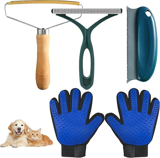 Pet Hair Remover Tool 5-Pack, Dog Cat Hair Remover with 1Pair Pet Grooming Gloves, Lint Shaver Cleaner Pro, Portable Carpet Scraper for Carpets, Clothes, Car Mats, Couch, Pet Bed