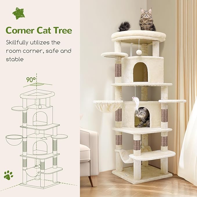 Globlazer Corner Cat Tree for Large Cats, 66inch Tall Curved Series Large Cat Tower for Multiple Indoor Cats with 6 Scratching Posts, 2 Spacious Cat Condos, Hammock, Hanging Basket, C66, Beige