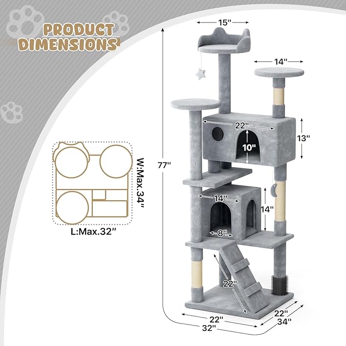 Magshion Cat Tree 77" Cats Tower for Indoor Cats, Multi-Level Cat Condo with Scratching Post, Top Perch, Sisal Board and Dangling Ball, Cat Stand Jumping Platform Kittens Pet Play House (Light Grey)