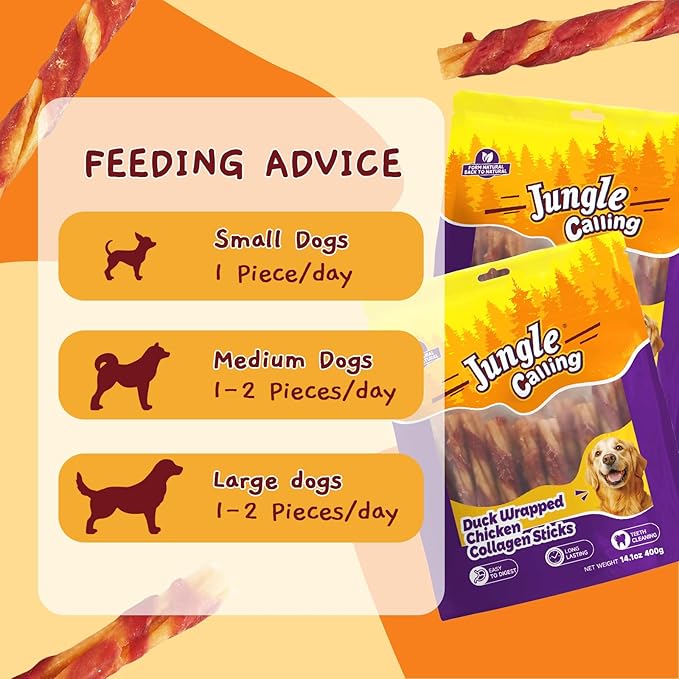 Jungle Calling Dog Treats, Duck Wrapped Chicken Collagen Sticks for Small Medium Dogs, Long-Lasting Dog Chews, Dental Bones for Teeth Cleaning, Digestible Bully Sticks Rawhide Alternative, 14.1oz