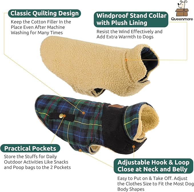 Queenmore Dog Winter Coat Warm Dog Jacket for Cold Weather, Quilting Puffer Plaid Coats for Small/Medium Dogs Waterproof,Girl/Boy Pet Christmas Coat,Pet Snowsuit with Leash Hole/Fleece Padding, XL