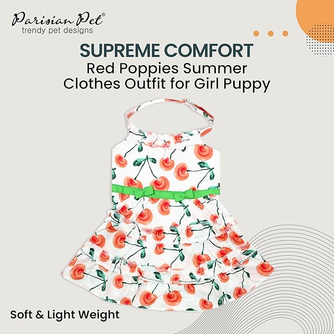 Parisian Pet Boho Dog Dress - Red Poppies Summer Clothes - Velcro Closure, Lightweight Cotton Dressy Outfit - Small Dog Girl Dress - Beach Outfit - XS