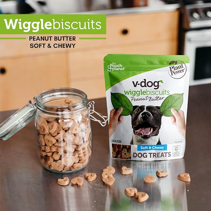 V-dog Soft and Chewy Vegan Wiggle Dog Biscuits - Dog Training Treats - Small, Medium and Large Breeds - Natural Peanut Butter Flavor Superfoods - 10 Ounce - All Natural - Made in The USA