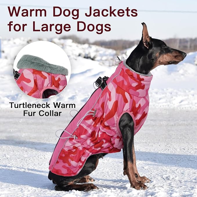 Dog Coat Winter Warm Dog Jackets for Large Dogs Reflective Snowsuit with Harness Fleece Dogs Snow Jacket Waterproof Pet Clothes for Cold Weather
