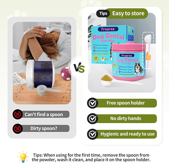 Dog Teeth Cleaning Powder, Dog Dental Powder for Dog Breath Fresh and Teeth Cleaning, Targets Tartar & Bad Breath with 750 Million Probiotics. Plaque Off Dental Care Formulated for Large Dogs (210g)