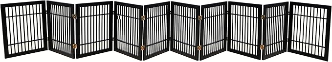 Pet Dog Gate Strong and Durable Freestanding Folding Acacia Hardwood Portable Wooden Fence Indoors or Outdoors by Urnporium (Black Pet Gate, 10 Panel 24" Tall)