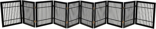 Pet Dog Gate Strong and Durable Freestanding Folding Acacia Hardwood Portable Wooden Fence Indoors or Outdoors by Urnporium (Black Pet Gate, 10 Panel 24" Tall)