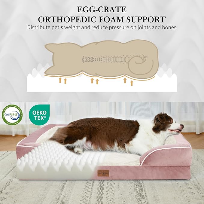 Comfort Expression Orthopedic Dog Bed for Medium Dogs 30x20 Inch, Waterproof Supportive Egg Crate Foam Medium Pet Bed with Removable Bolsters, Dog Couch with Washable Cover & Non-Slip Bottom, Pink