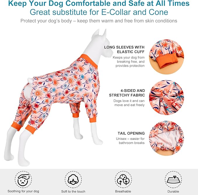 LovinPet Large Dog Clothes Female, Long Sleeve Shirt for Dogs, Anti Licking Dog Pajamas,Stretchy Comfy Fabric, Wildflowers Flame Print, Pajamas for Pitbulls, Onesies for Dogs, Pitbull Clothes, Large