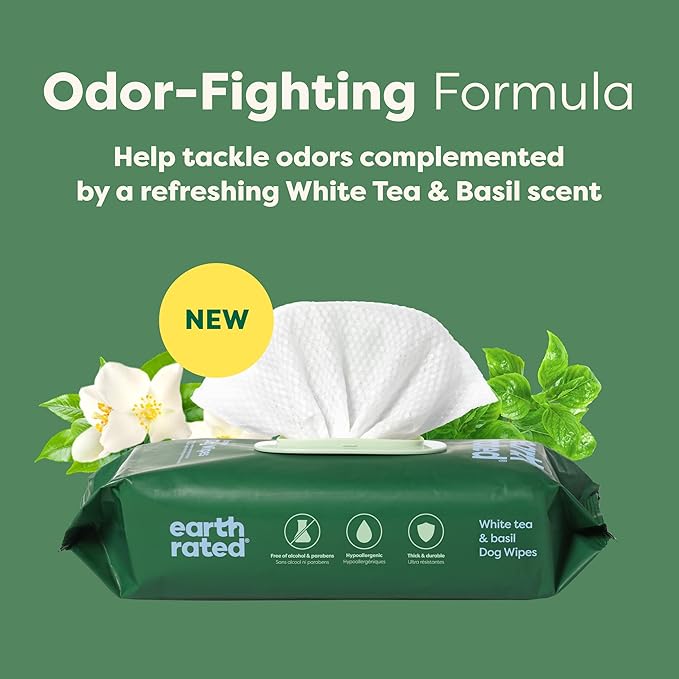 Earth Rated Pet Wipes for Dogs and Cats, Hypoallergenic, 3-in-1 Cleaning, Deodorizing and Hydrating, for Grooming Paws, Body and Butt, New White Tea and Basil Scent, 100 Count