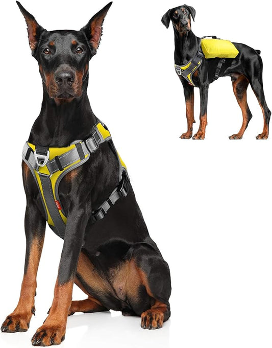 Fida Dog Harness, Multi-Functional No-Pull Pet Vest Harness with Saddle Bags Backpack, Front Leash Clip, Adjustable Soft Padded Reflective No-Choke Dog Vest Heavy Duty for X-Large Dog, XL,Yellow