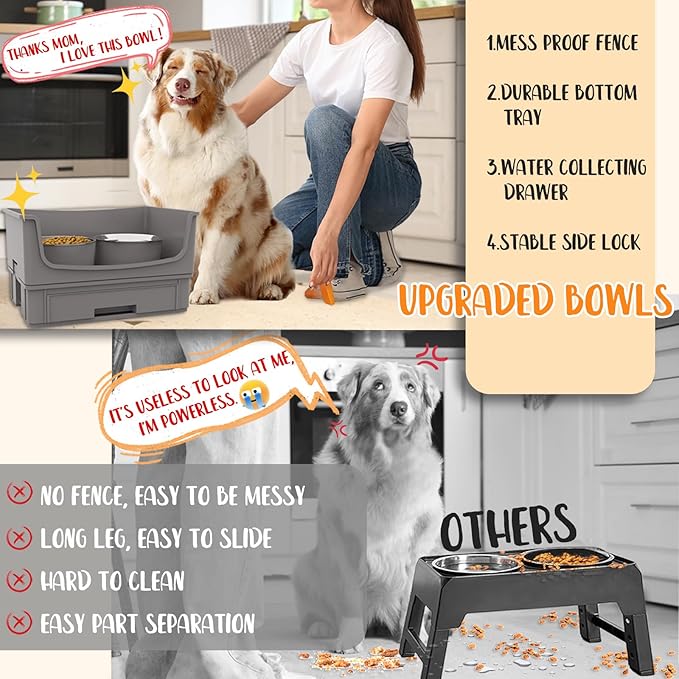 Elevated Dog Bowl Stand Set,Quiet Eating Mess Proof Raised Dog Bowls 2 Stainless Steel Pet Food Bowls,Splash Water Collection Non-Slip Medium Sized Feeding Table
