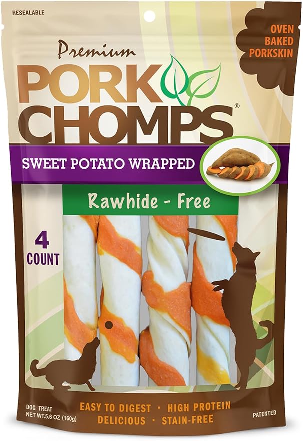 Pork Chomps Baked Pork Skin Dog Chews, 6-inch Twists, Real Sweet Potato Wrap, 4 Count
