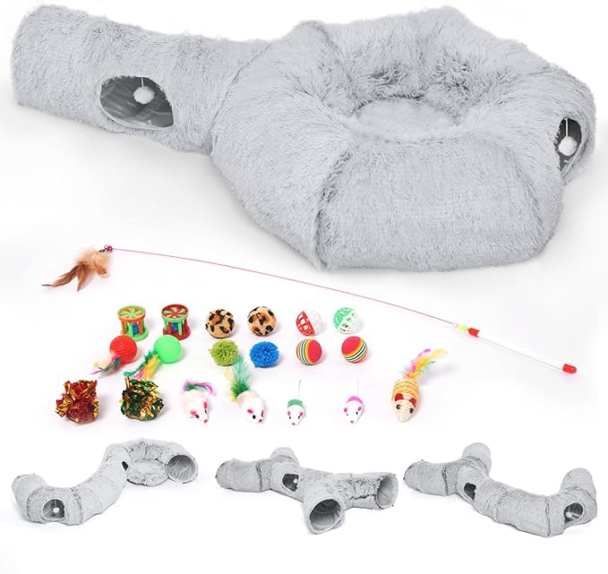Odoland Cat Tunnels Bed with 1 Straight Tunnel and 20 Pet Toys - 5 Shapes DIY Indoor Cats Cave - Detachable Soft Cat Donut Tunnelset for Kitten Puppy Rabbit Ferret